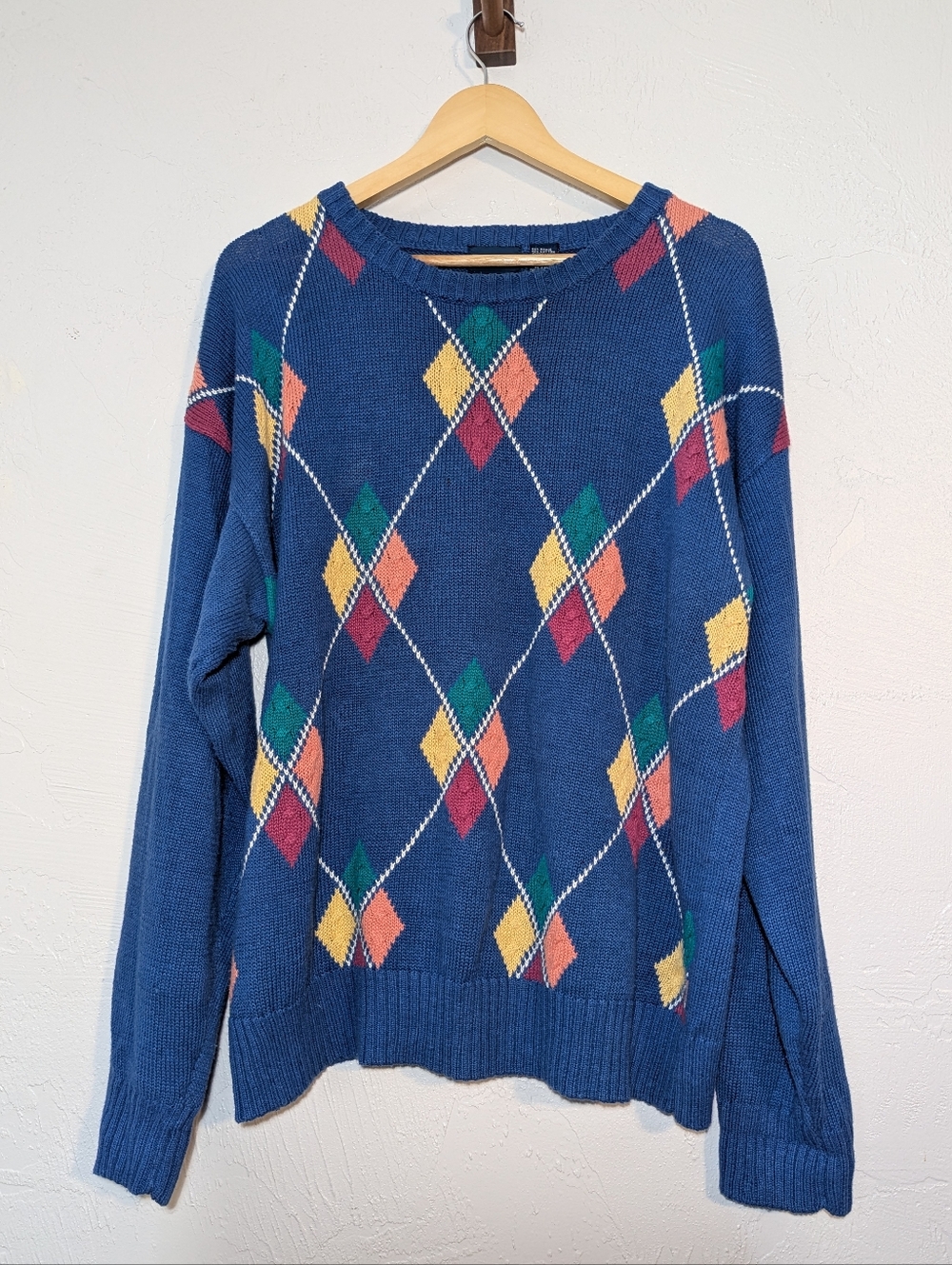 Vintage ParFour Blue Argyle Knit Crewneck Golf Sweater Jewel Toned 80s 90s Retro